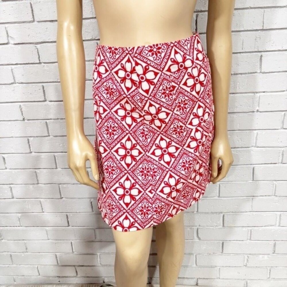 Boden Red‎ and White Geometric Floral Tile Print A-Line Mini Skirt Mod | Size 20